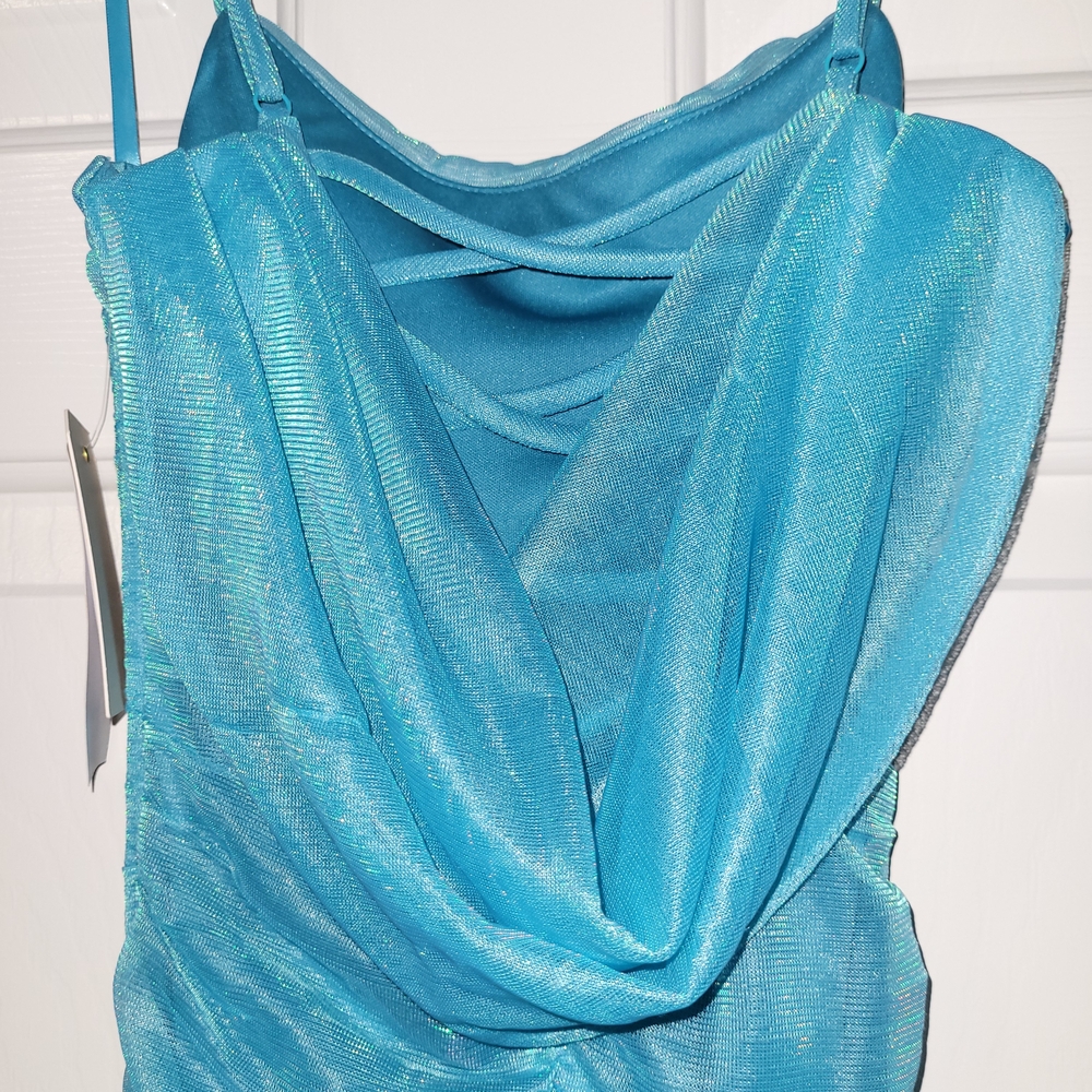 Chic Turquoise Ruched Mini Dress - Picture 3 of 5